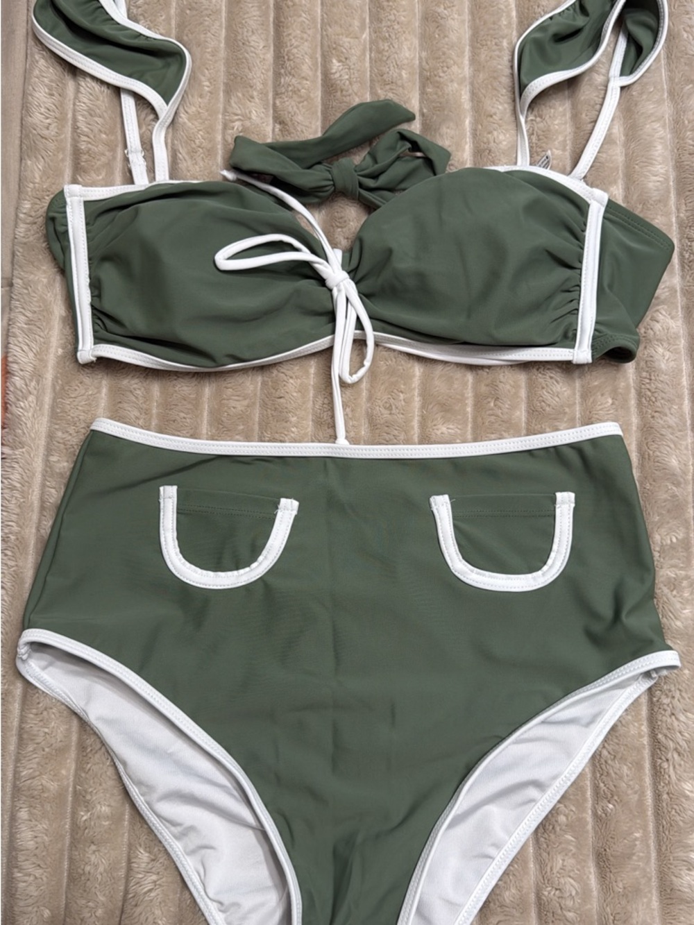 Olive Green High-Waist Bikini with White Trim